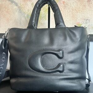 Coach Black Leather Puffer Tote Bag with Coach Strap